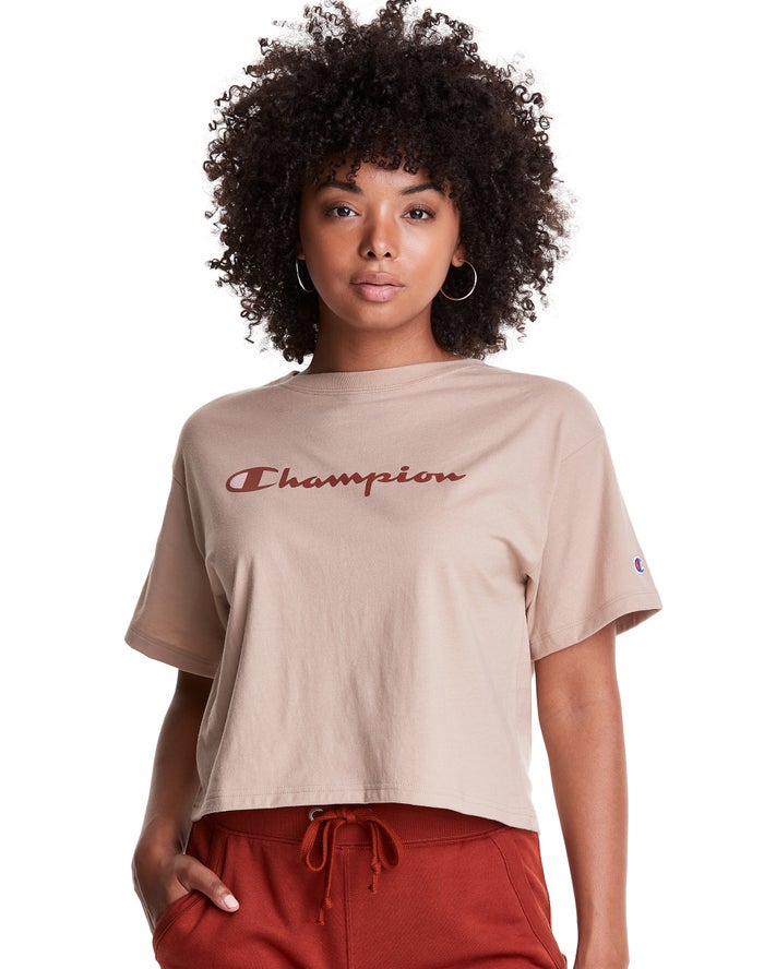 Camiseta Champion Mujer - Cropped Script Logo ( Kaki ) 9405631-SY